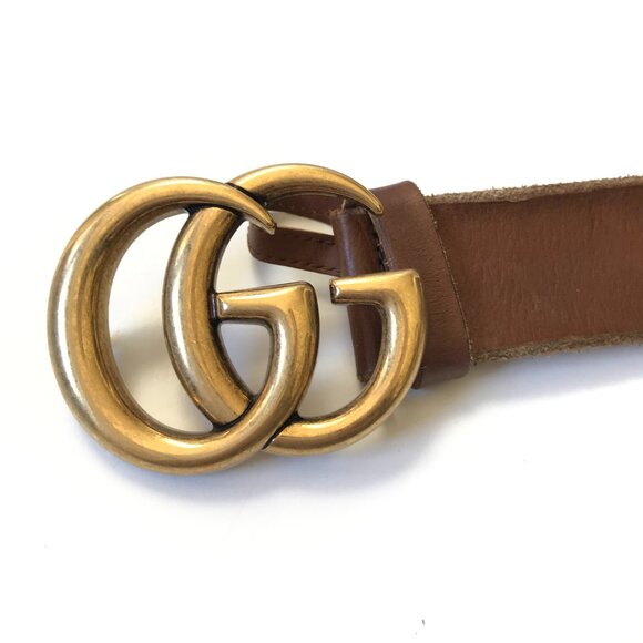 Gucci GG Marmont Logo 1.5" Wide Leather Belt Womens Brown Gold Brass Logo 34 - Picture 2 of 10